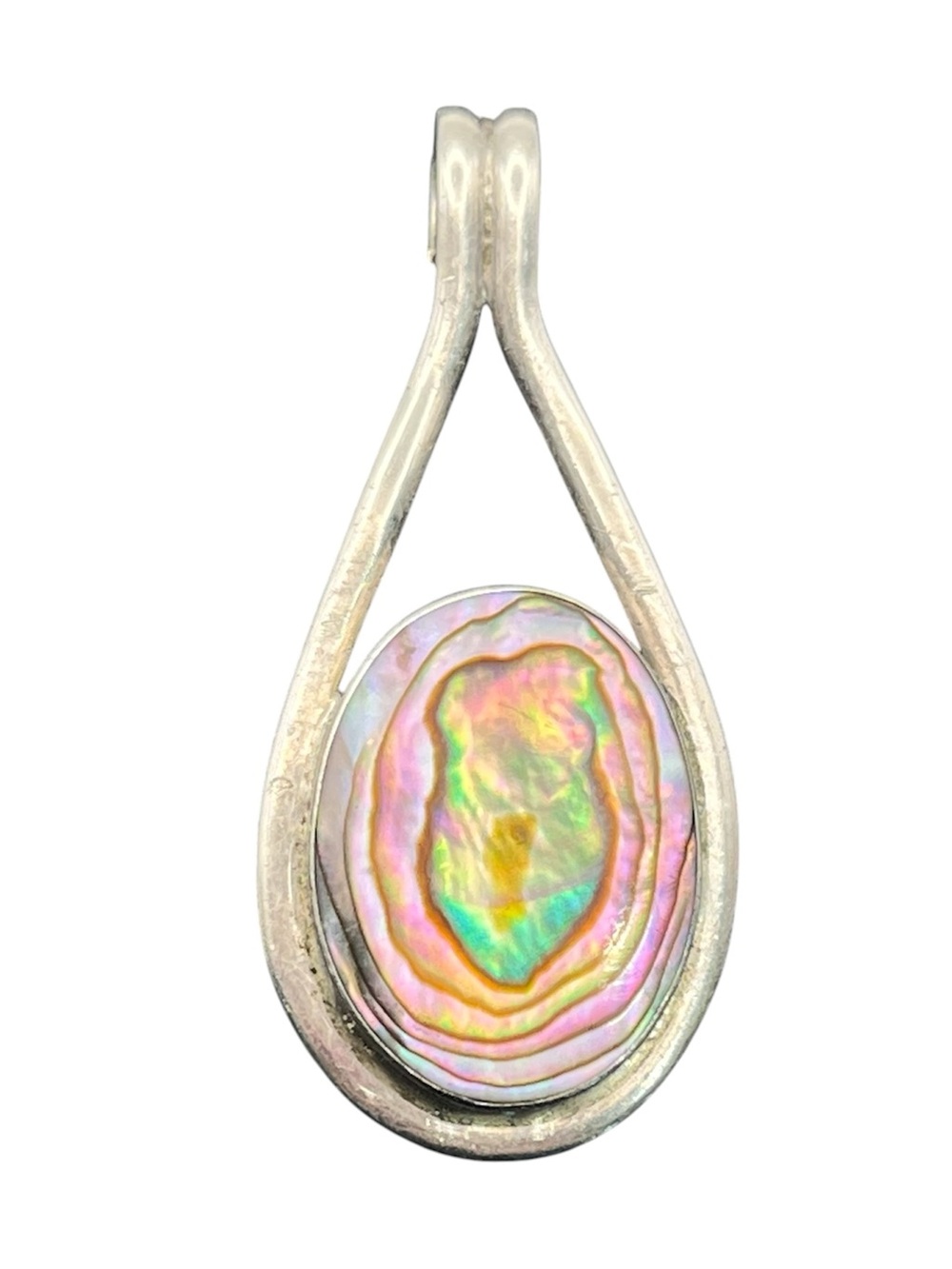 Rainbow abalone shell bezel set sterling silver pendant for necklace Mexico